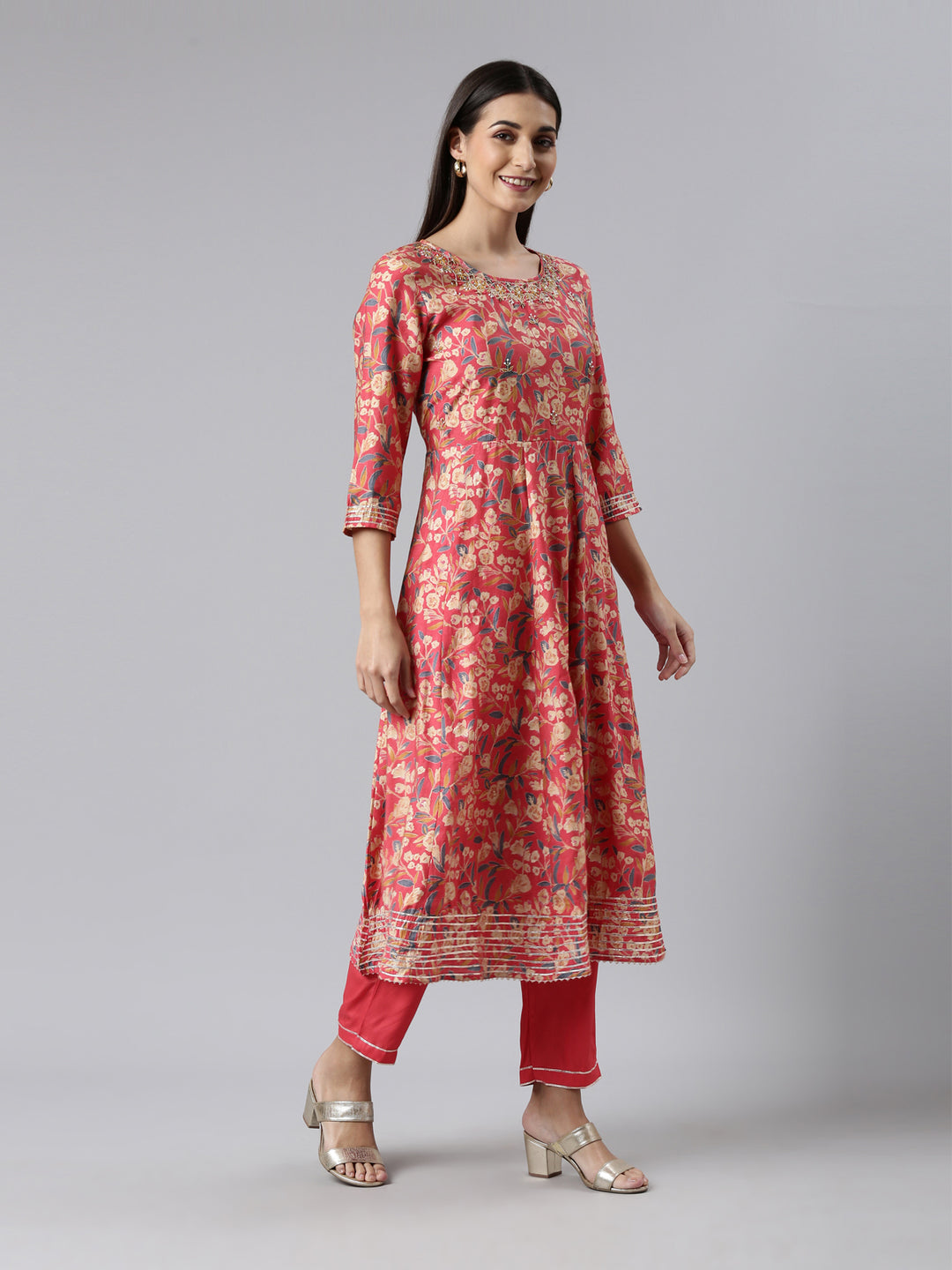 Neerus Red Regular Calf Length Printed Kurta Solid Trousers With Dupatta