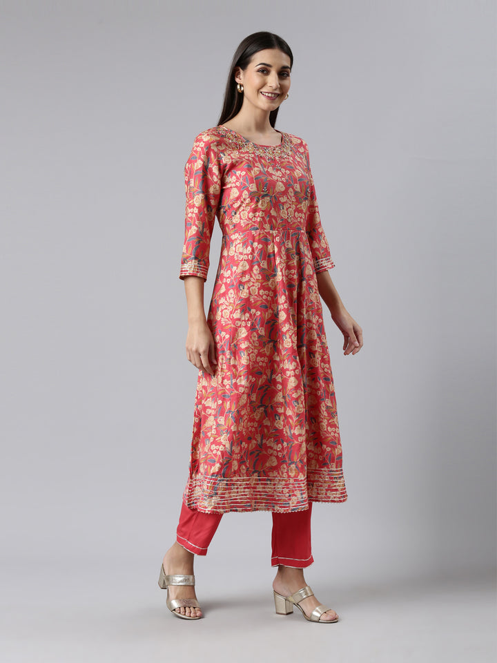 Neerus Red Regular Calf Length Printed Kurta Solid Trousers With Dupatta