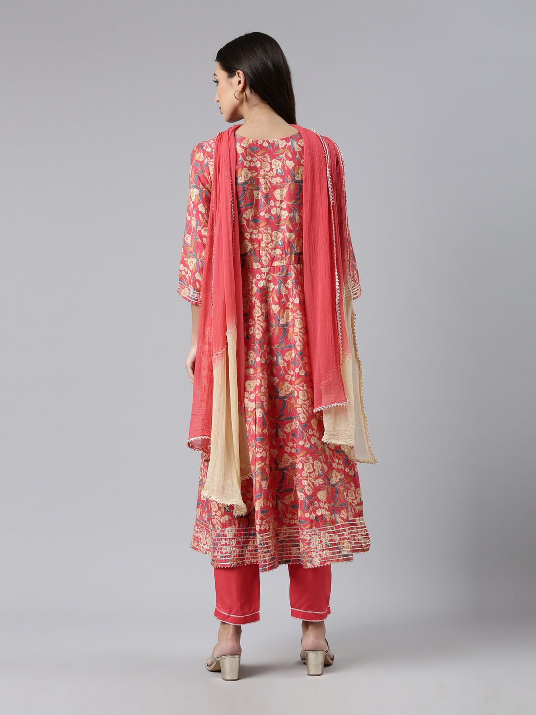 Neerus Red Regular Calf Length Printed Kurta Solid Trousers With Dupatta