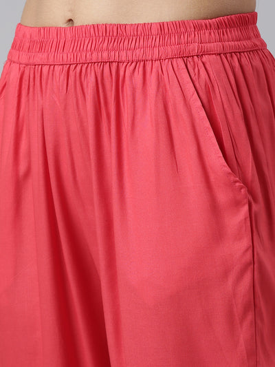 Neerus Red Regular Calf Length Printed Kurta Solid Trousers With Dupatta
