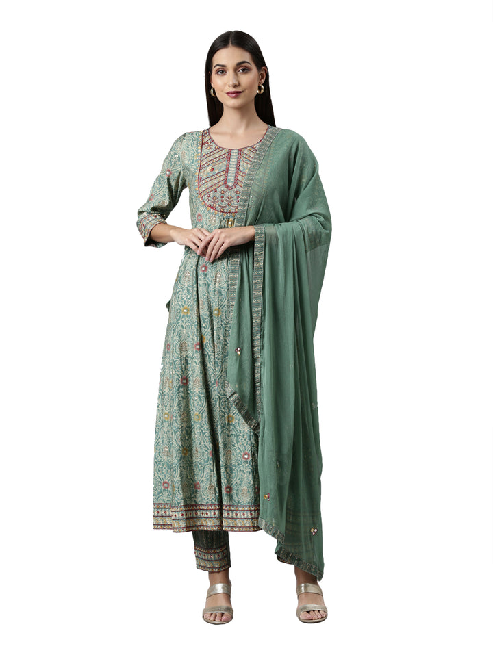Neerus Green printed kurta set with trousers and dupatta - front view