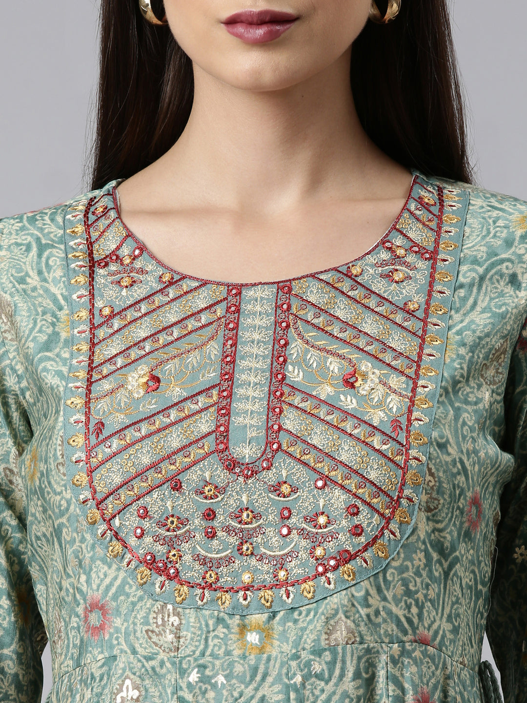 Neerus Green printed kurta set with trousers and dupatta - detail view 1