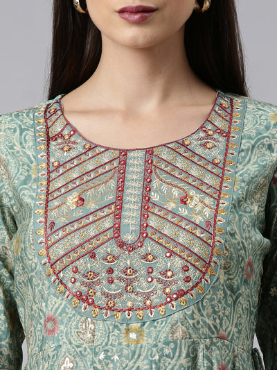 Neeru's Green Regular Calf Length Printed Kurta Printed Trousers With Dupatta