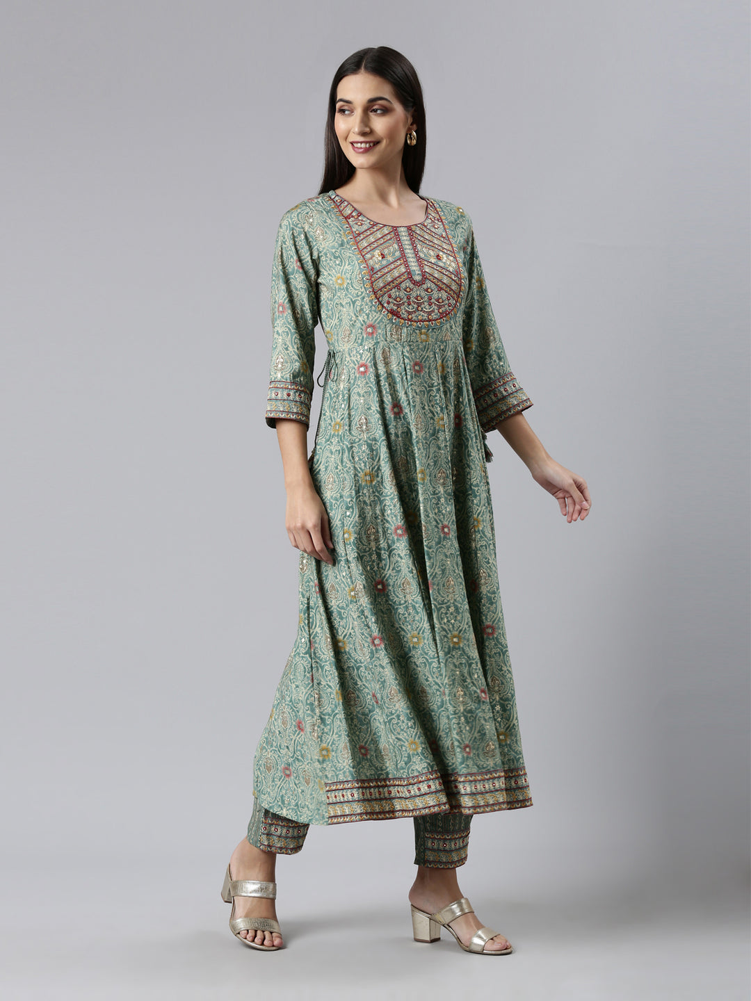 Neerus Green printed kurta set with trousers and dupatta - back view