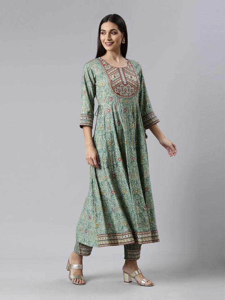 Neerus Green printed kurta set with trousers and dupatta - back view