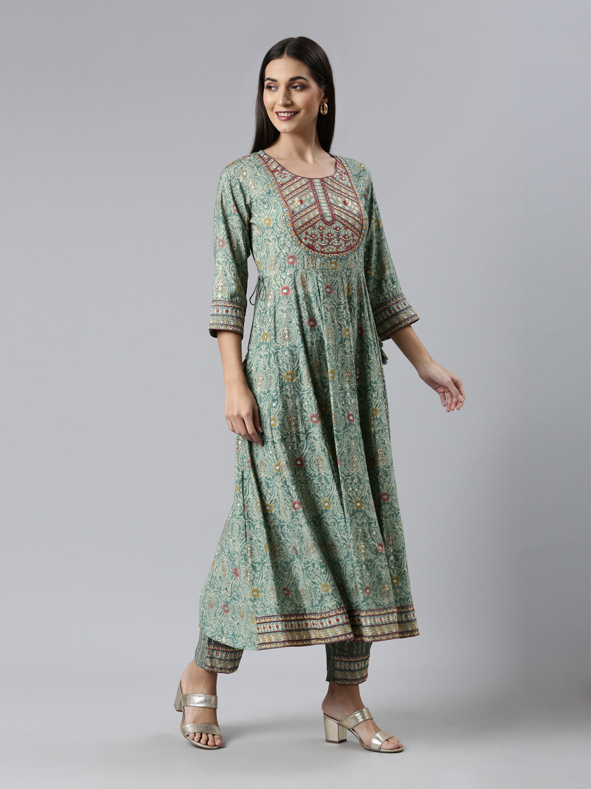 Neeru's Green Regular Calf Length Printed Kurta Printed Trousers With Dupatta
