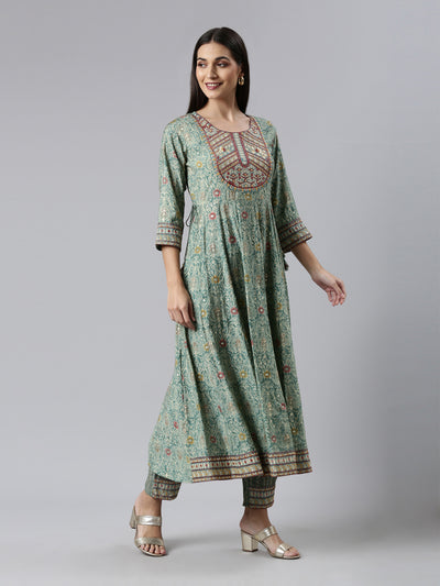 Neeru's Green Regular Calf Length Printed Kurta Printed Trousers With Dupatta