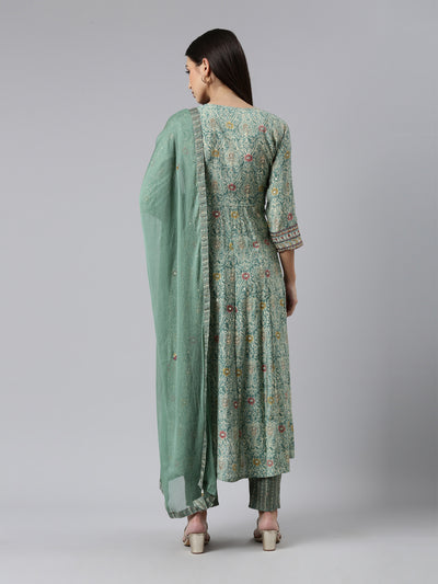 Neeru's Green Regular Calf Length Printed Kurta Printed Trousers With Dupatta