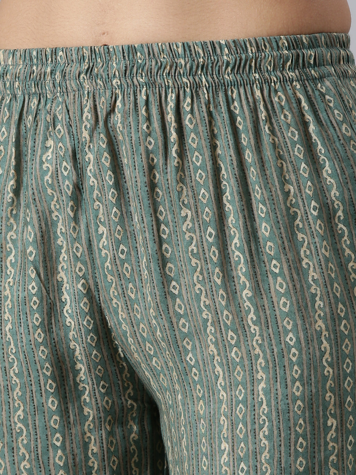 Neeru's Green Regular Calf Length Printed Kurta Printed Trousers With Dupatta