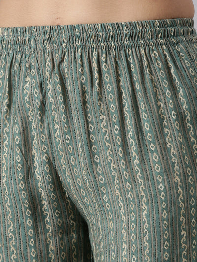 Neeru's Green Regular Calf Length Printed Kurta Printed Trousers With Dupatta