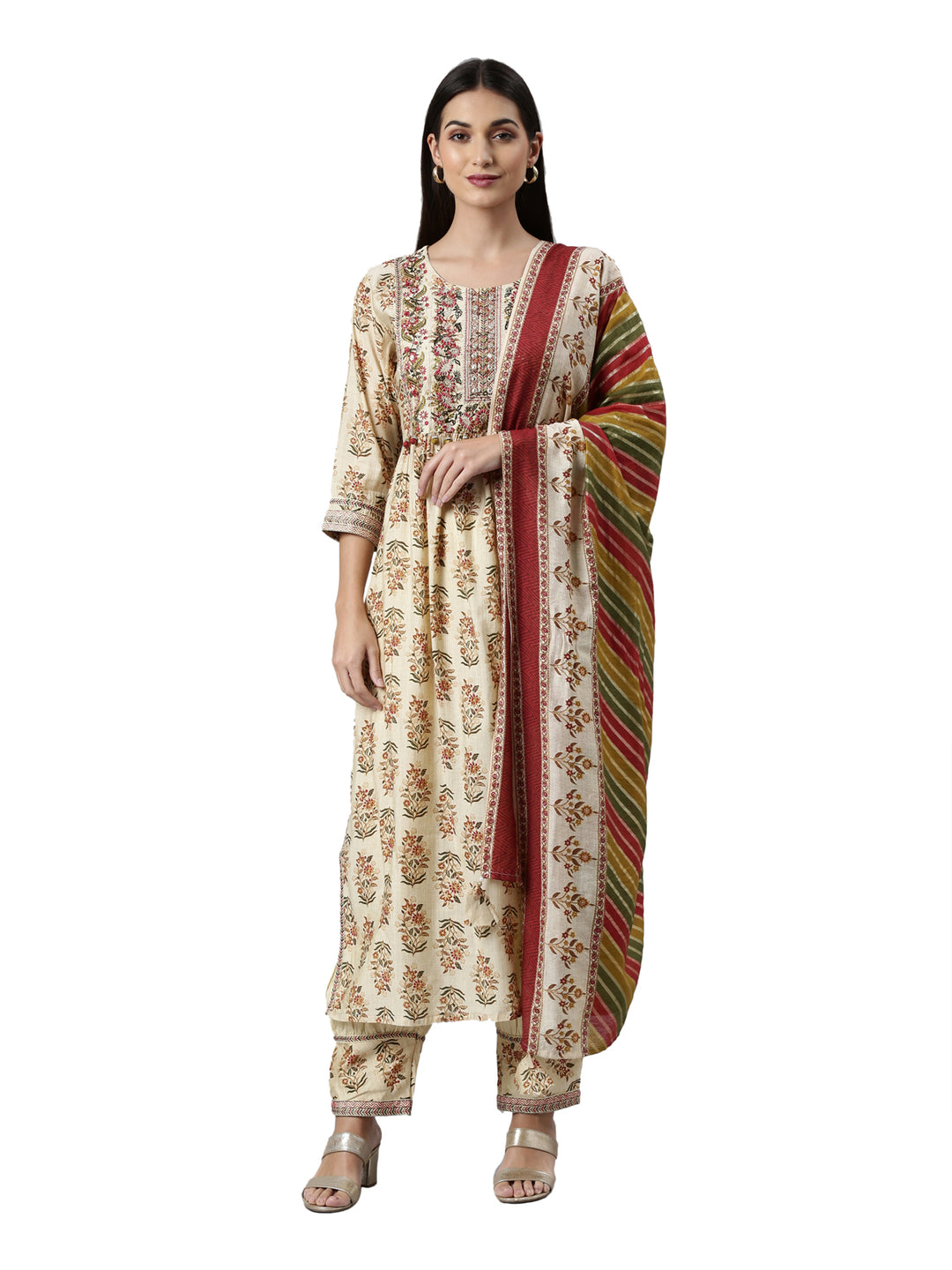 Neerus Cream Regular Calf Length Printed Kurta Solid Trousers With Dupatta