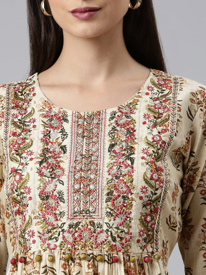 Neerus Cream Regular Calf Length Printed Kurta Solid Trousers With Dupatta