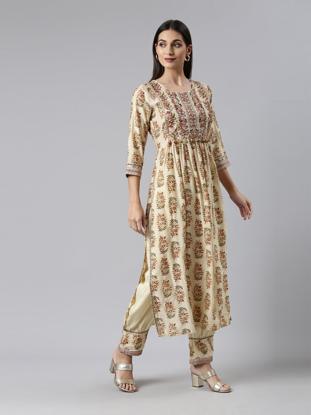 Neerus Cream Regular Calf Length Printed Kurta Solid Trousers With Dupatta