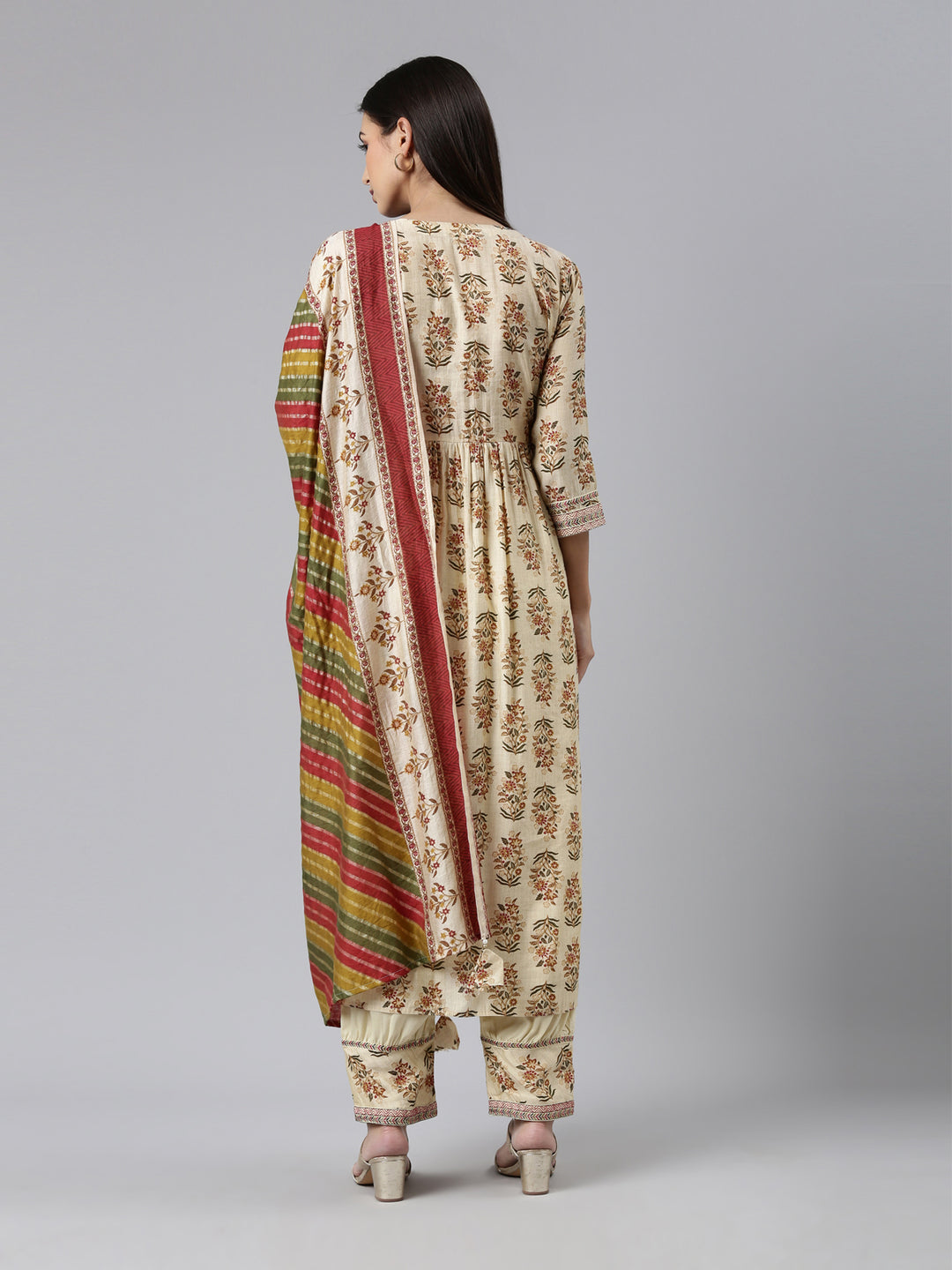 Neerus Cream Regular Calf Length Printed Kurta Solid Trousers With Dupatta