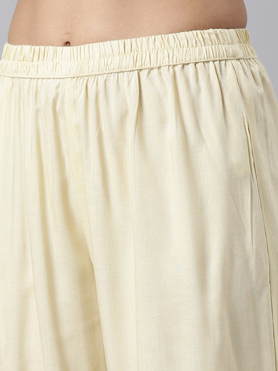 Neeru's Cream Regular Calf Length Printed Kurta Solid Trousers With Dupatta