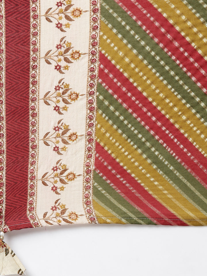 Neerus Cream Regular Calf Length Printed Kurta Solid Trousers With Dupatta