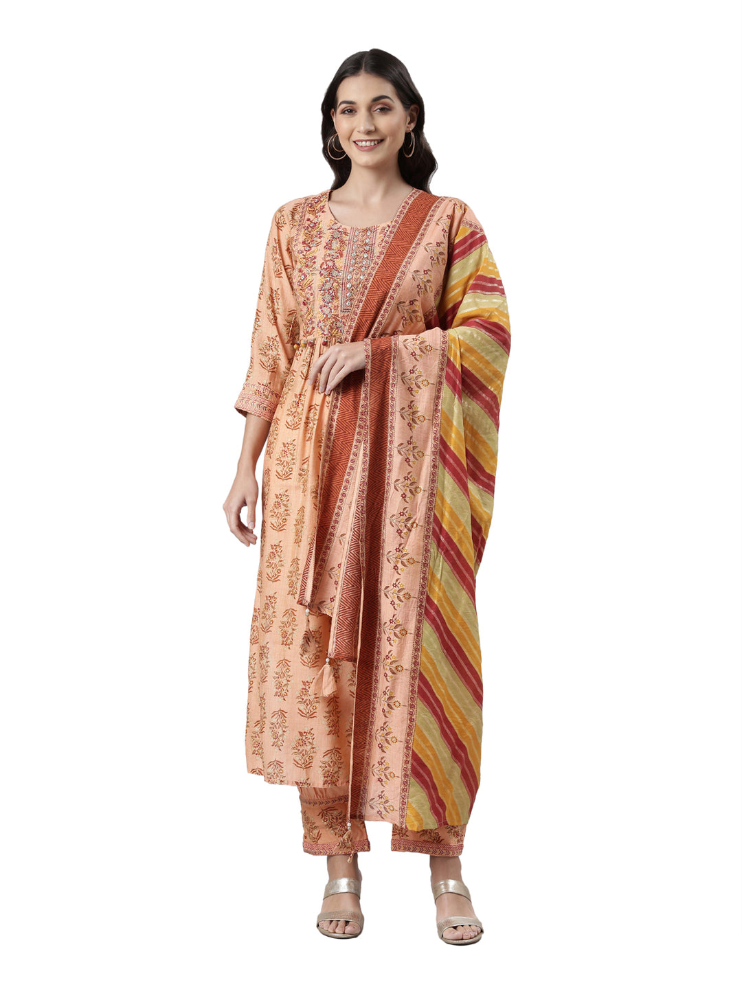 Neerus Orange printed kurta set with trouser and dupatta - front view