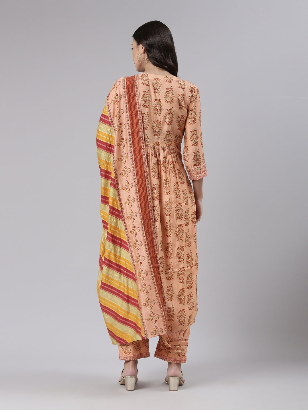 Neerus Orange printed kurta set with trouser and dupatta - side view