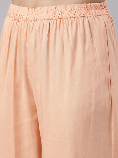 Neeru's Peach Regular Calf Length Printed Kurta Solid Trousers With Dupatta