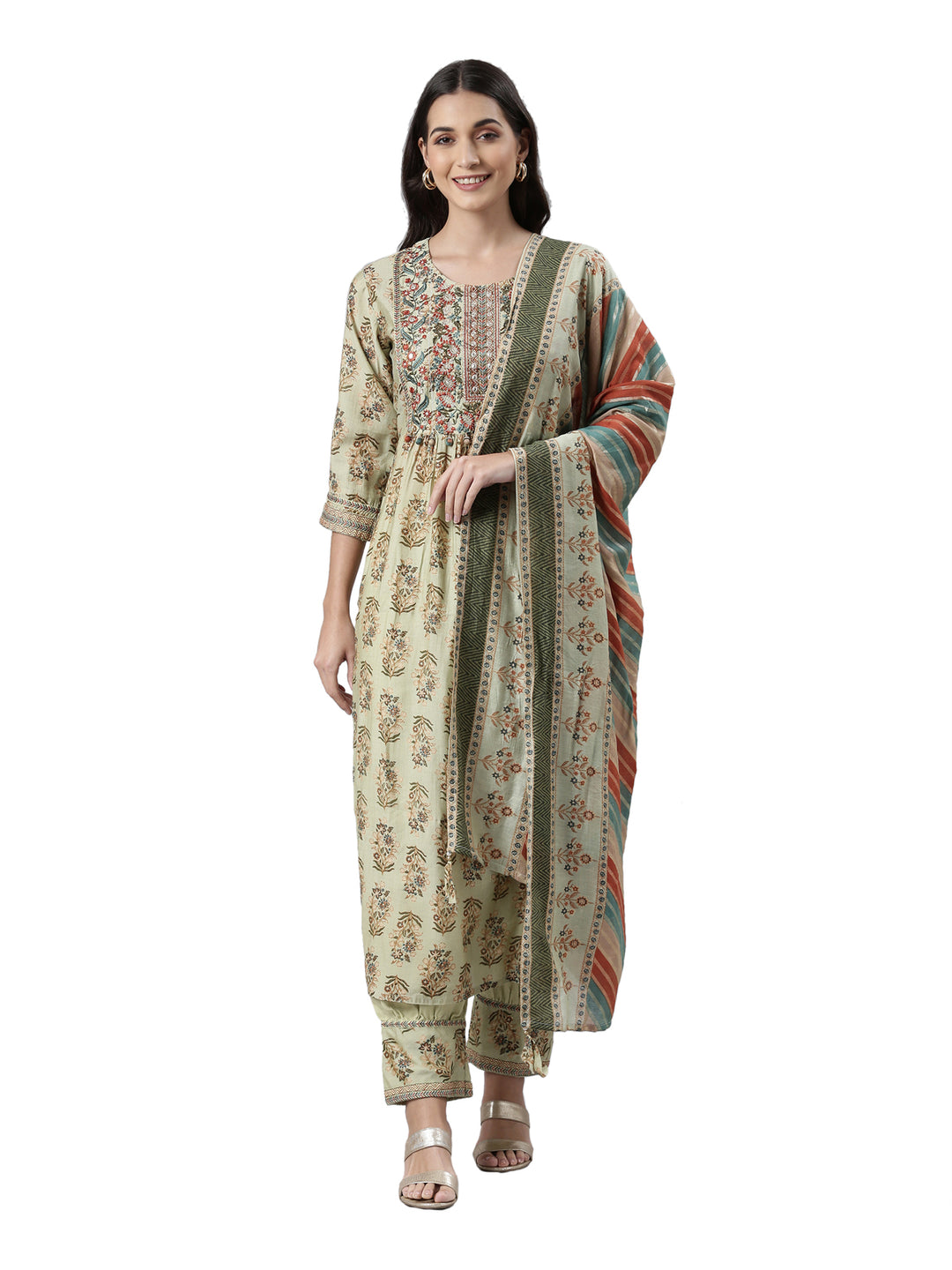 Neerus Green printed kurta set with trouser and dupatta - front view