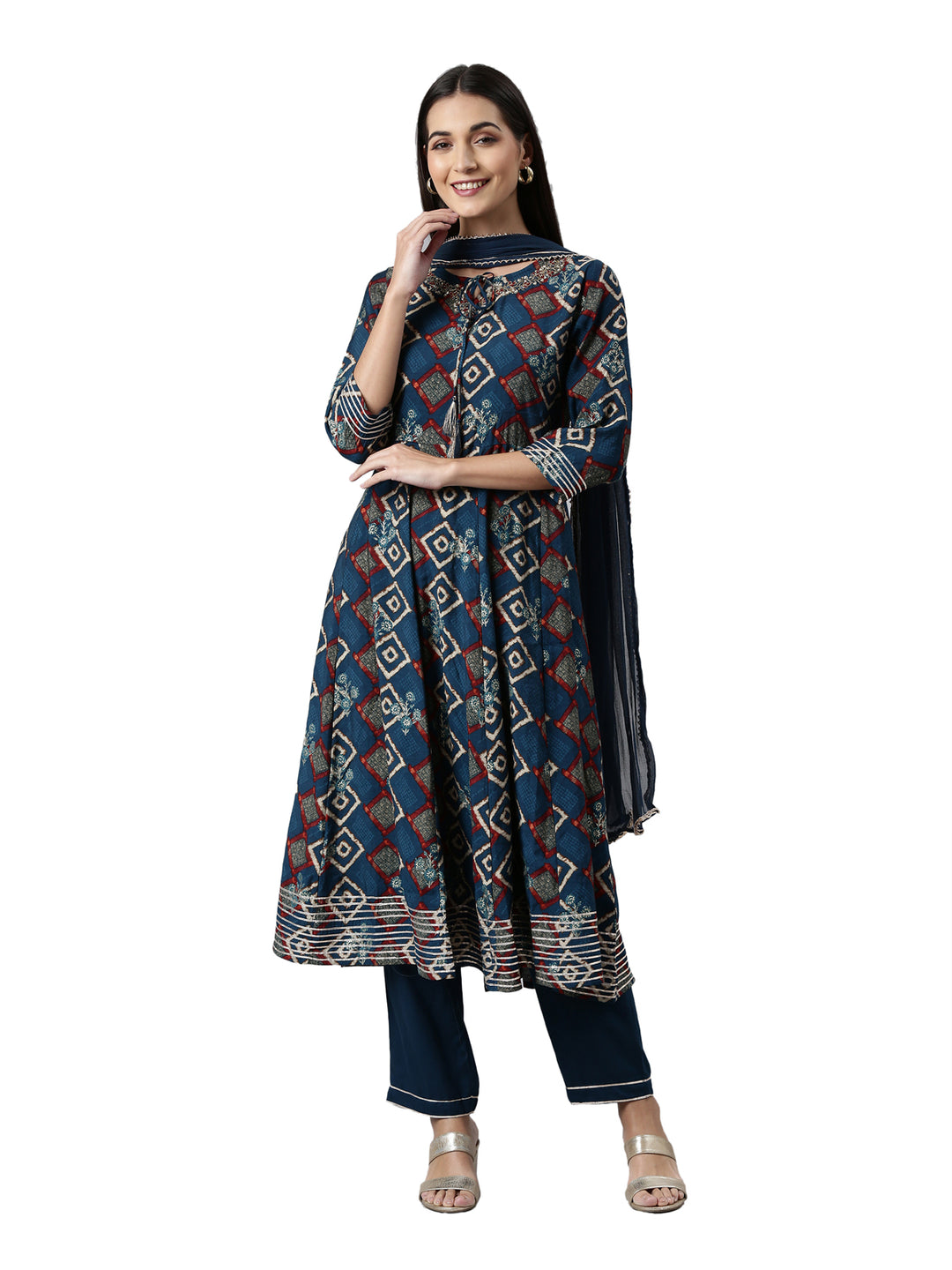 Neerus Blue Regular Calf Length Printed Readymade Suits