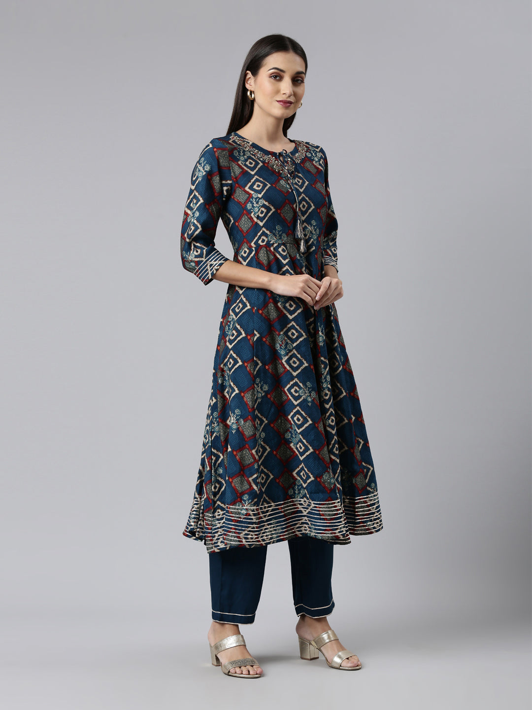 Neerus Blue Regular Calf Length Printed Readymade Suits