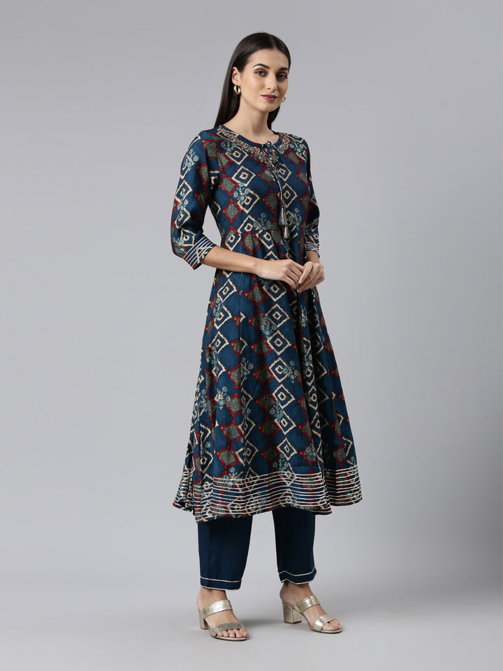 Neerus Blue Regular Calf Length Printed Readymade Suits