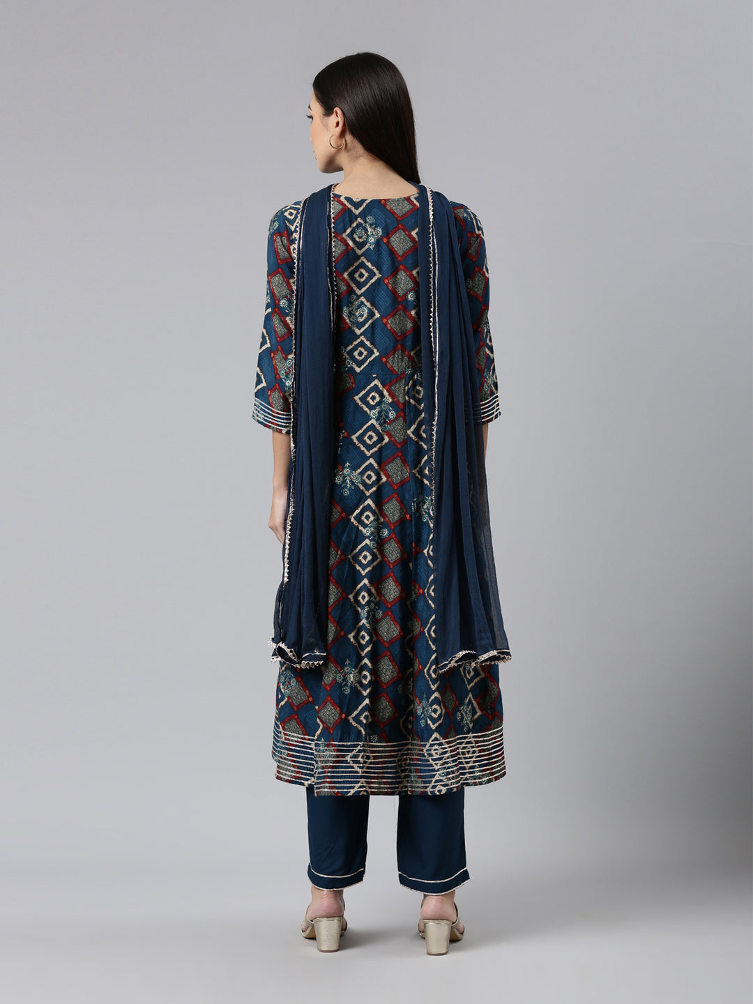 Neerus Blue Regular Calf Length Printed Readymade Suits
