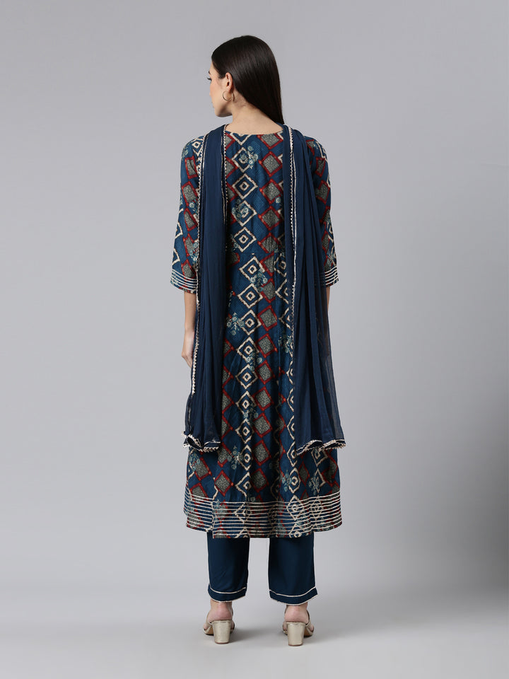 Neerus Blue Regular Calf Length Printed Readymade Suits