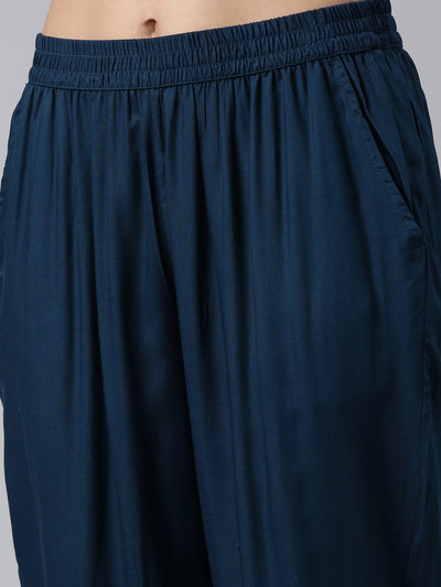 Neeru's Blue Regular Calf Length Printed Kurta Solid Trousers With Dupatta