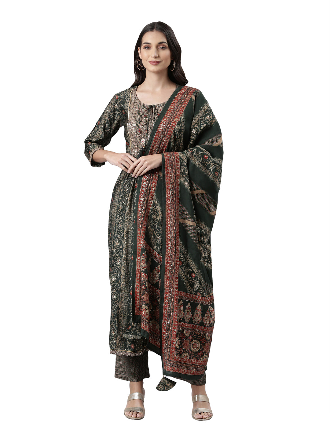 Neerus Green printed kurta set with trousers and dupatta - front view