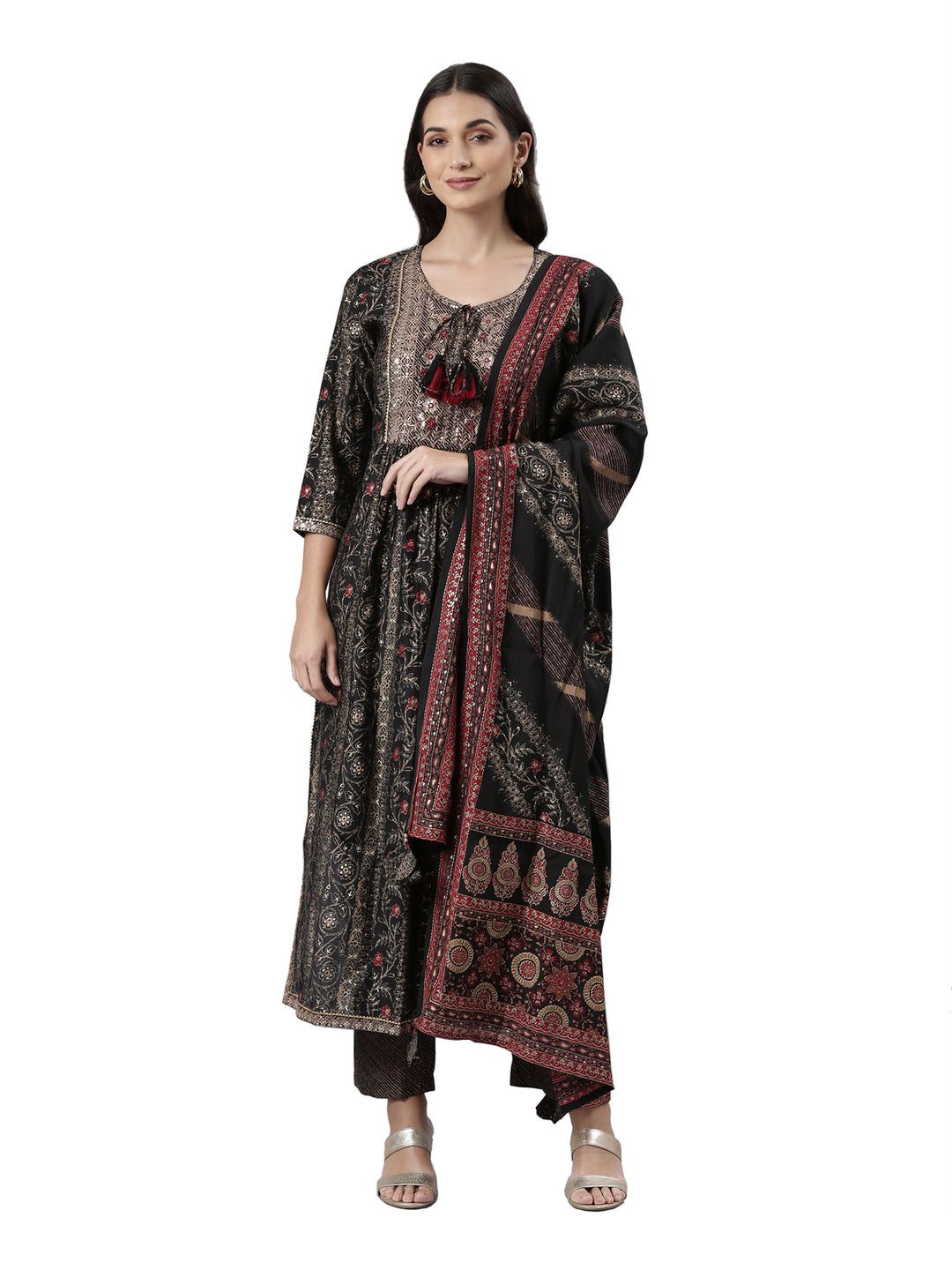 Neerus Black printed suit set ethnic kurta with trouser and dupatta - front view