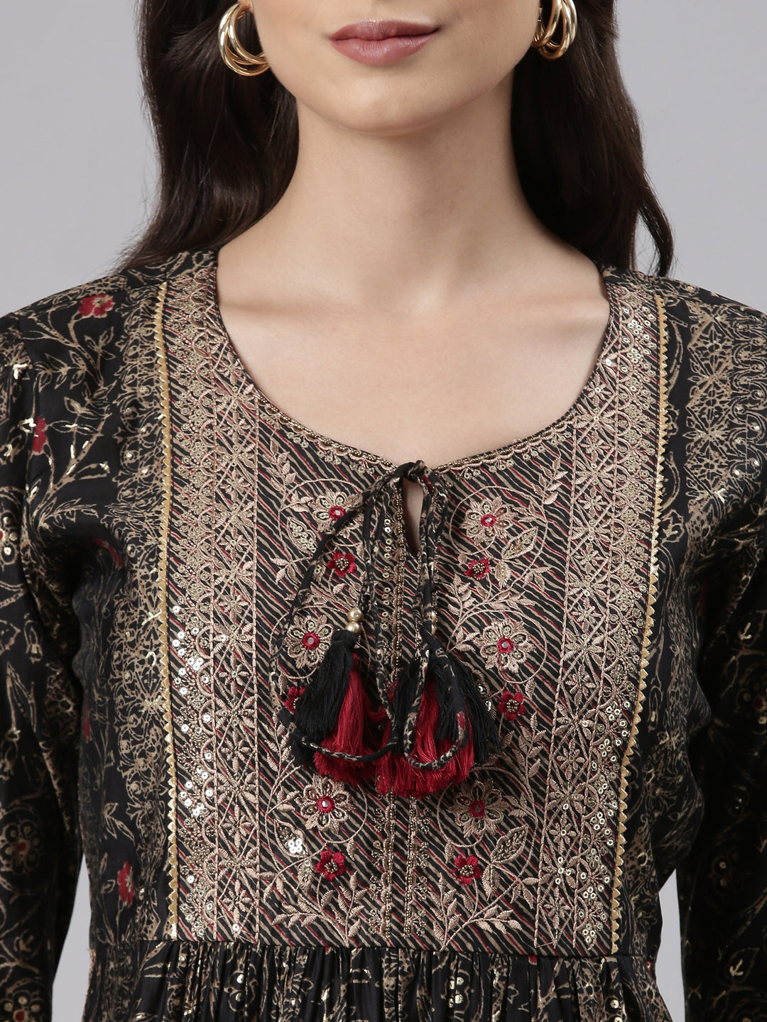 Neerus Black printed suit set ethnic kurta with trouser and dupatta - detail view 1