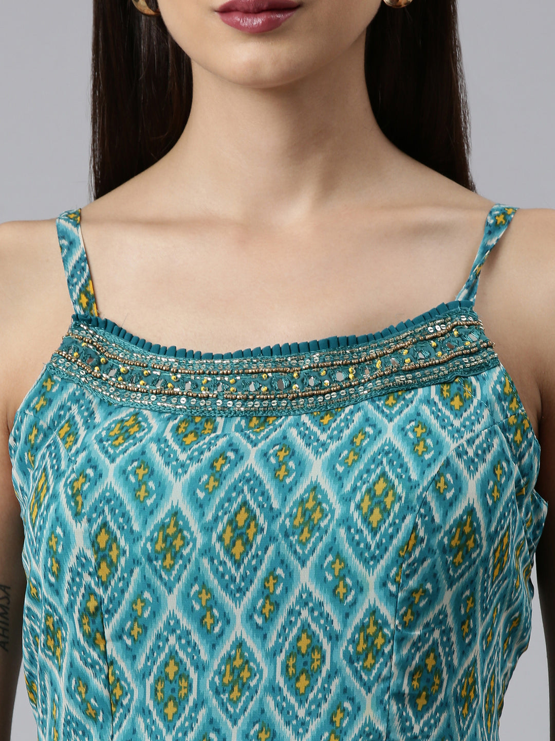 Neerus Green cotton printed anarkali kurta set - detail view 1