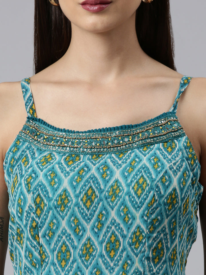 Neerus Green cotton printed anarkali kurta set - detail view 1