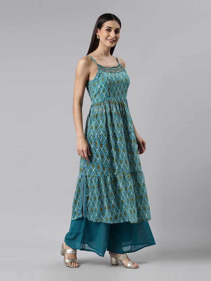 Neerus Green cotton printed anarkali kurta set - back view