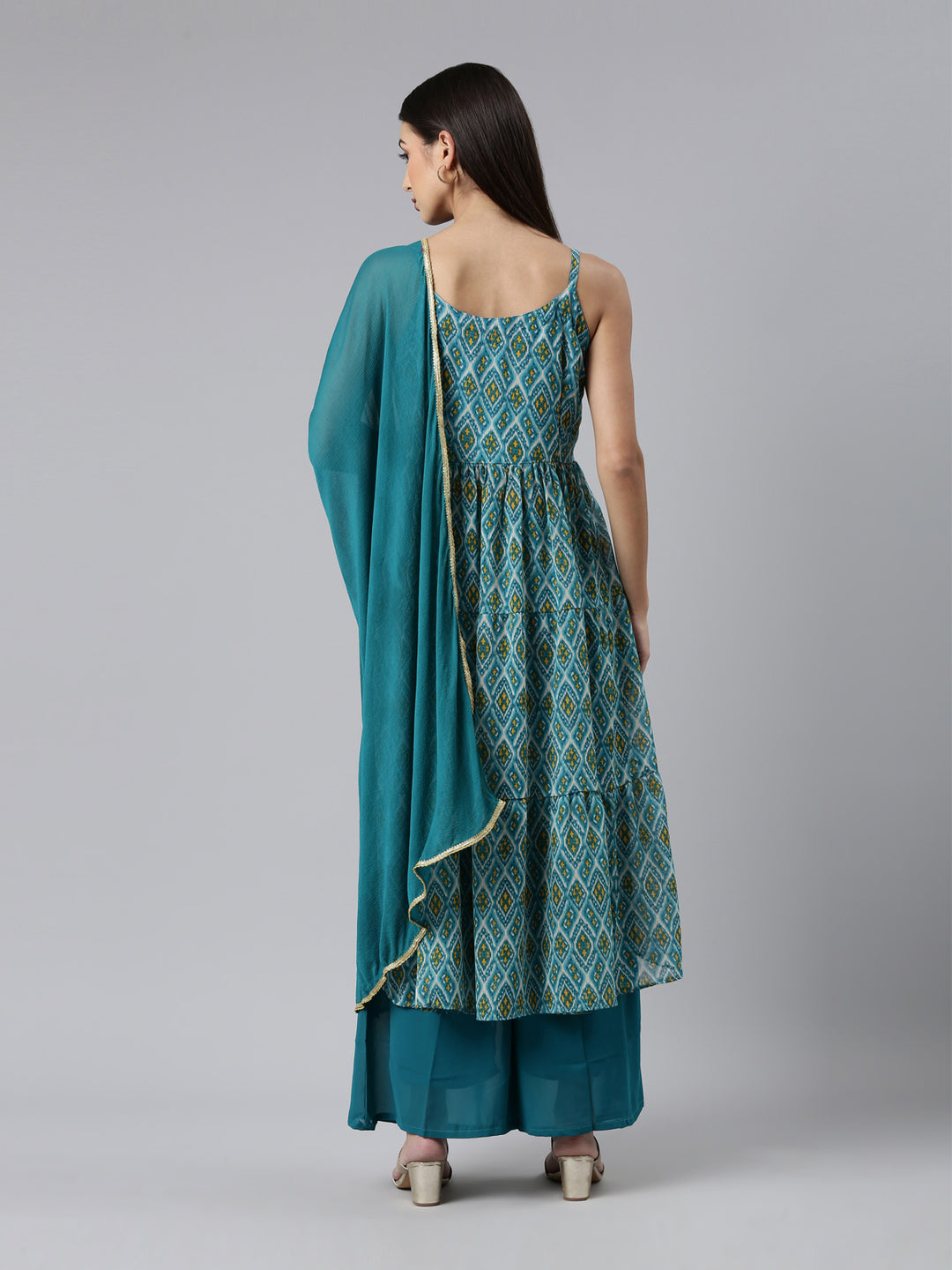 Neerus Green cotton printed anarkali kurta set - side view