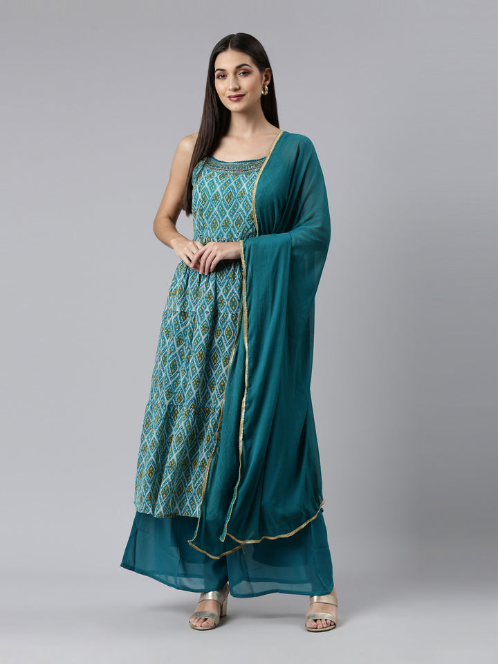 Neerus Green cotton printed anarkali kurta set - front view