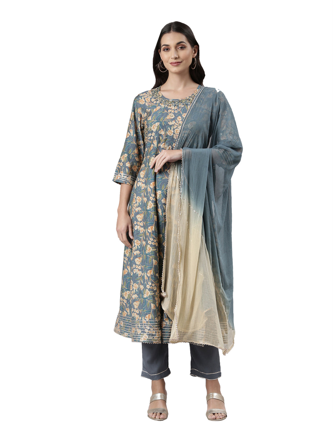 Neerus Grey printed kurta set with trousers and dupatta - front view
