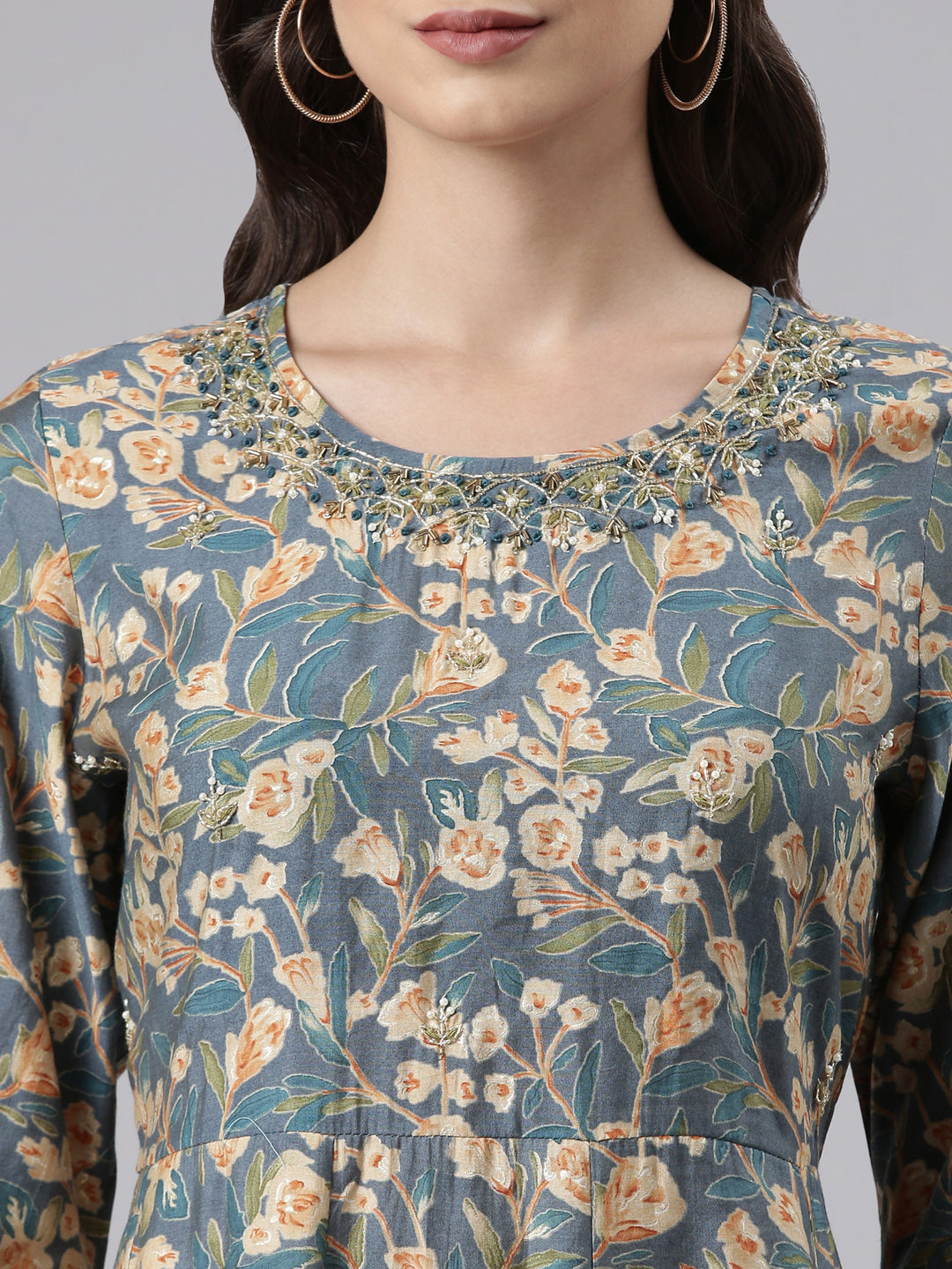 Neerus Grey printed kurta set with trousers and dupatta - detail view 1
