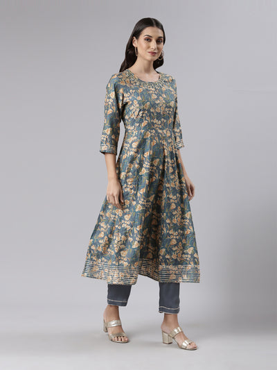 Neeru's Grey Regular Calf Length Printed Kurta Solid Trousers With Dupatta