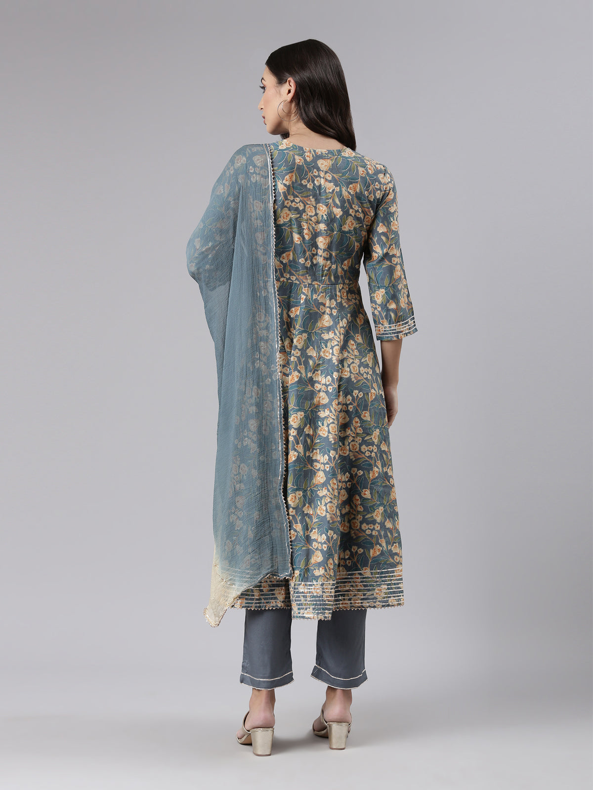 Neeru's Grey Regular Calf Length Printed Kurta Solid Trousers With Dupatta