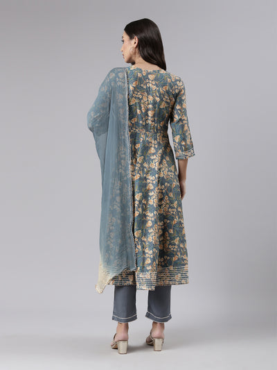 Neeru's Grey Regular Calf Length Printed Kurta Solid Trousers With Dupatta