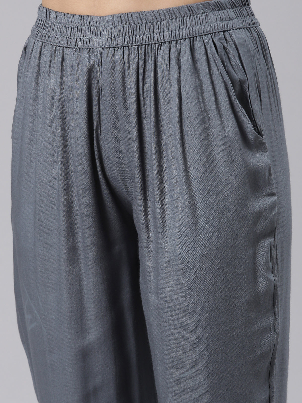 Neeru's Grey Regular Calf Length Printed Kurta Solid Trousers With Dupatta