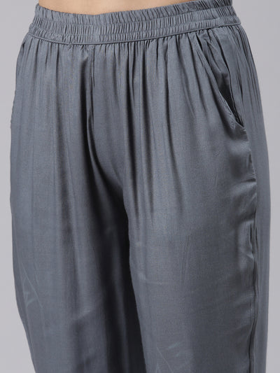 Neeru's Grey Regular Calf Length Printed Kurta Solid Trousers With Dupatta