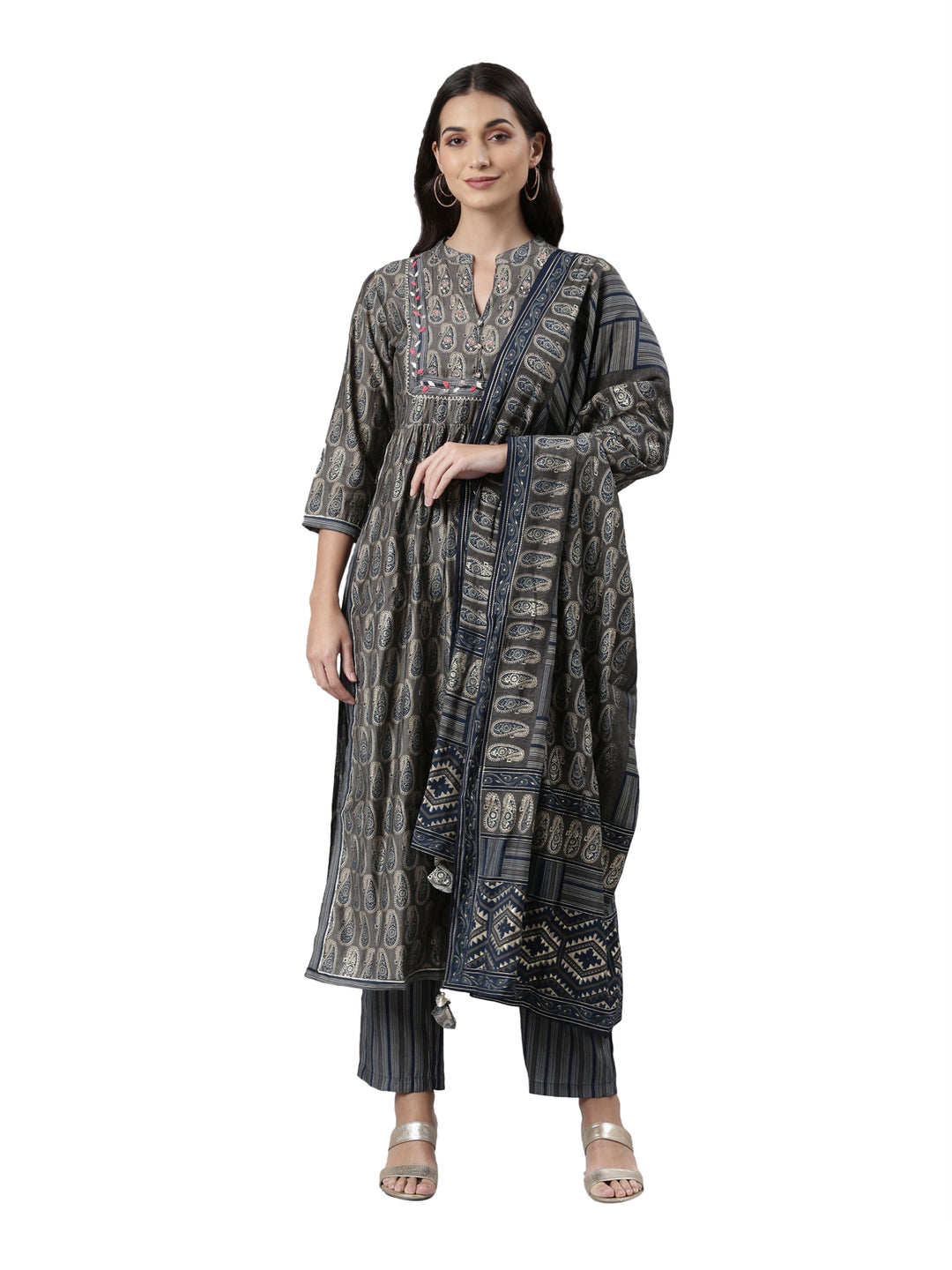 Neerus Grey cotton printed kurta set with trouser and dupatta - front view