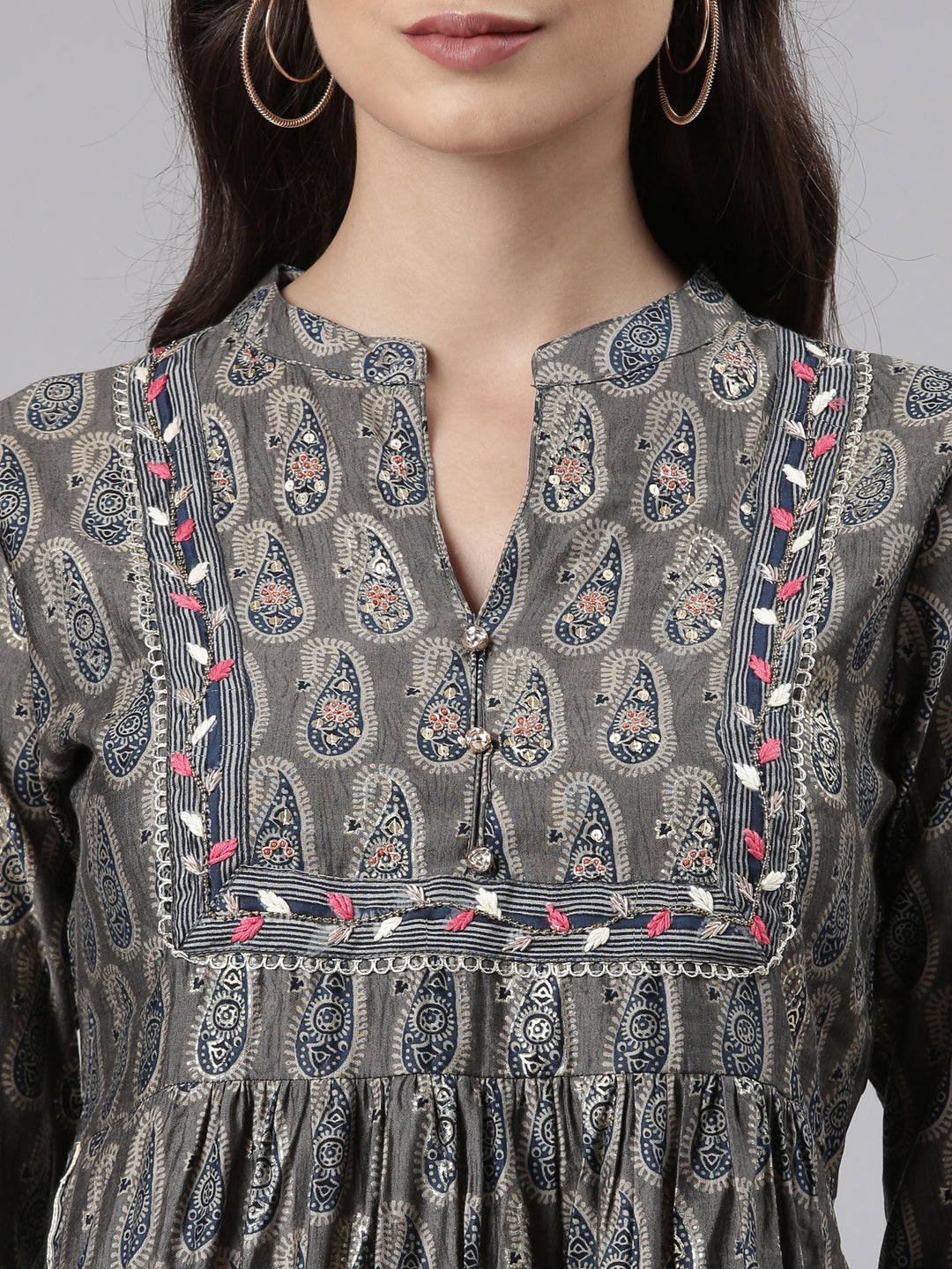 Neerus Grey cotton printed kurta set with trouser and dupatta - detail view 1