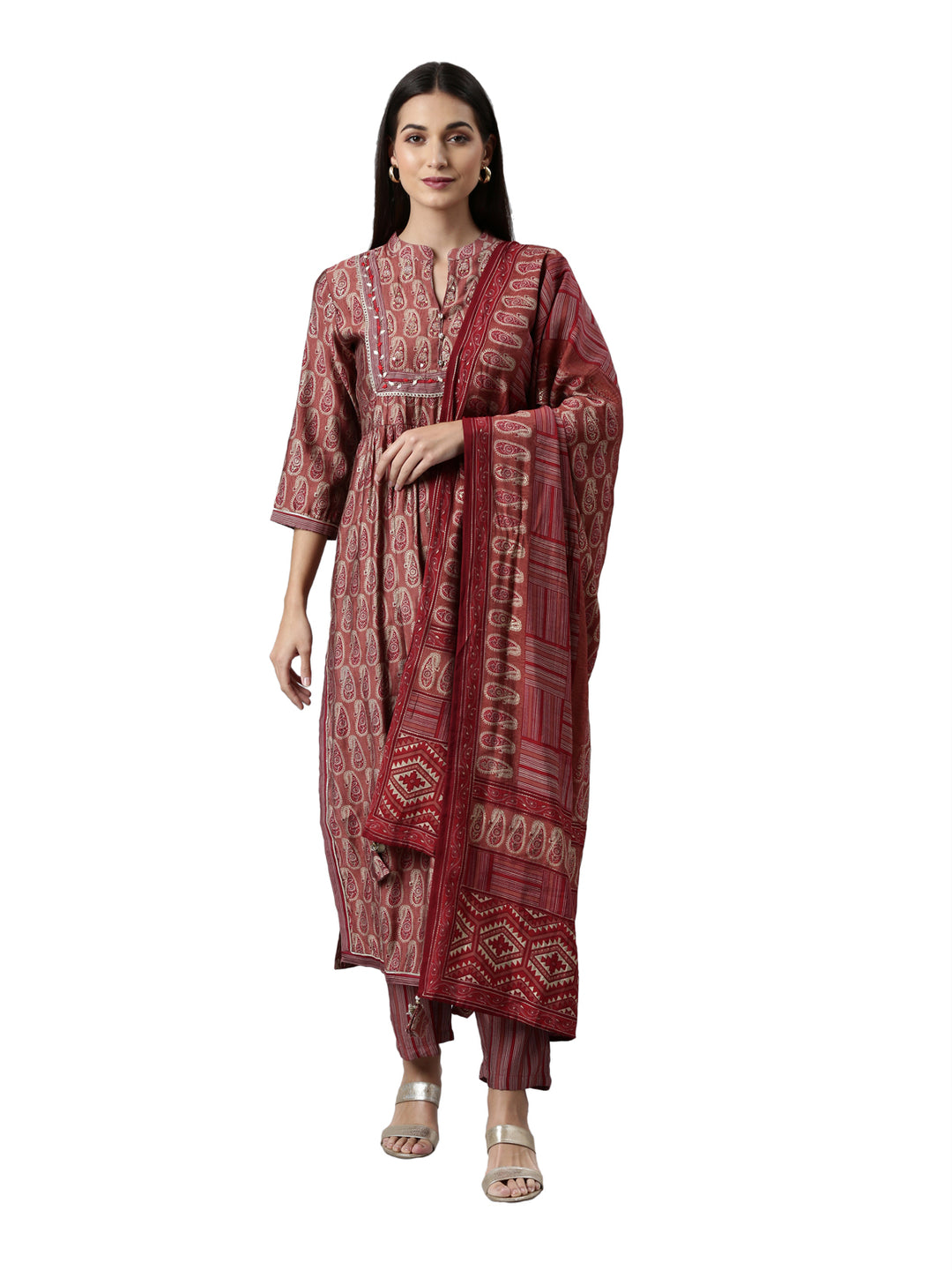 Neerus Maroon Regular Calf Length Printed Kurta Printed Trousers With Dupatta