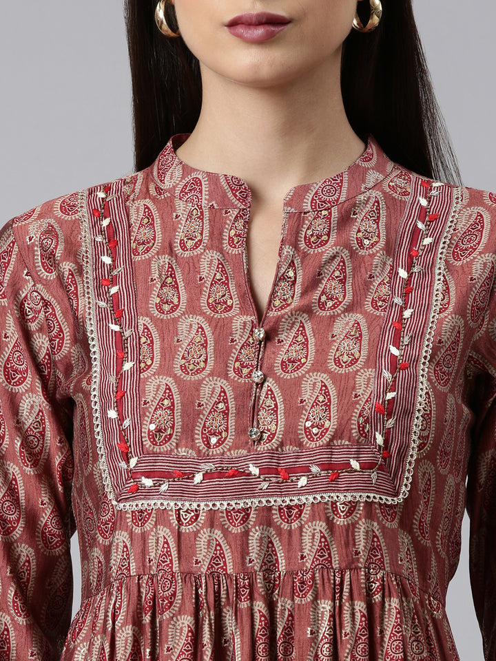 Neerus Maroon Regular Calf Length Printed Kurta Printed Trousers With Dupatta
