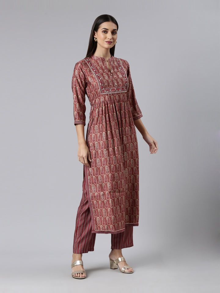 Neerus Maroon Regular Calf Length Printed Kurta Printed Trousers With Dupatta